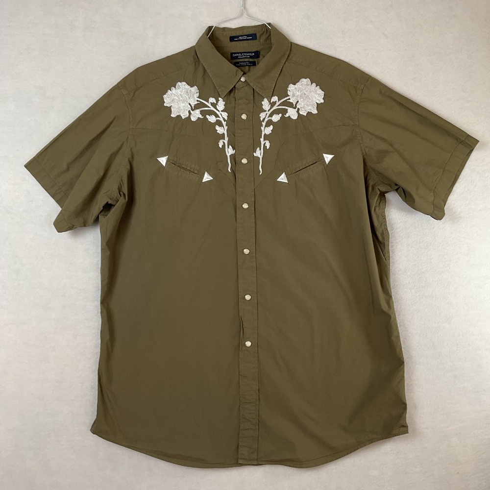 Daniel Cremieux Collection Mens XL Western Shirt Olive Green Floral Pearl Snap